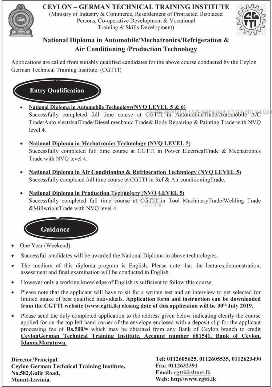 National Diploma in Automobile, Mechatronics, Refrigeration & AC, Production Technology at Ceylon German Technical Training Institute