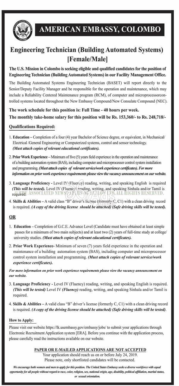 Engineering Technician (Building Automated Systems) Government Vacancy at American Embassy Colombo