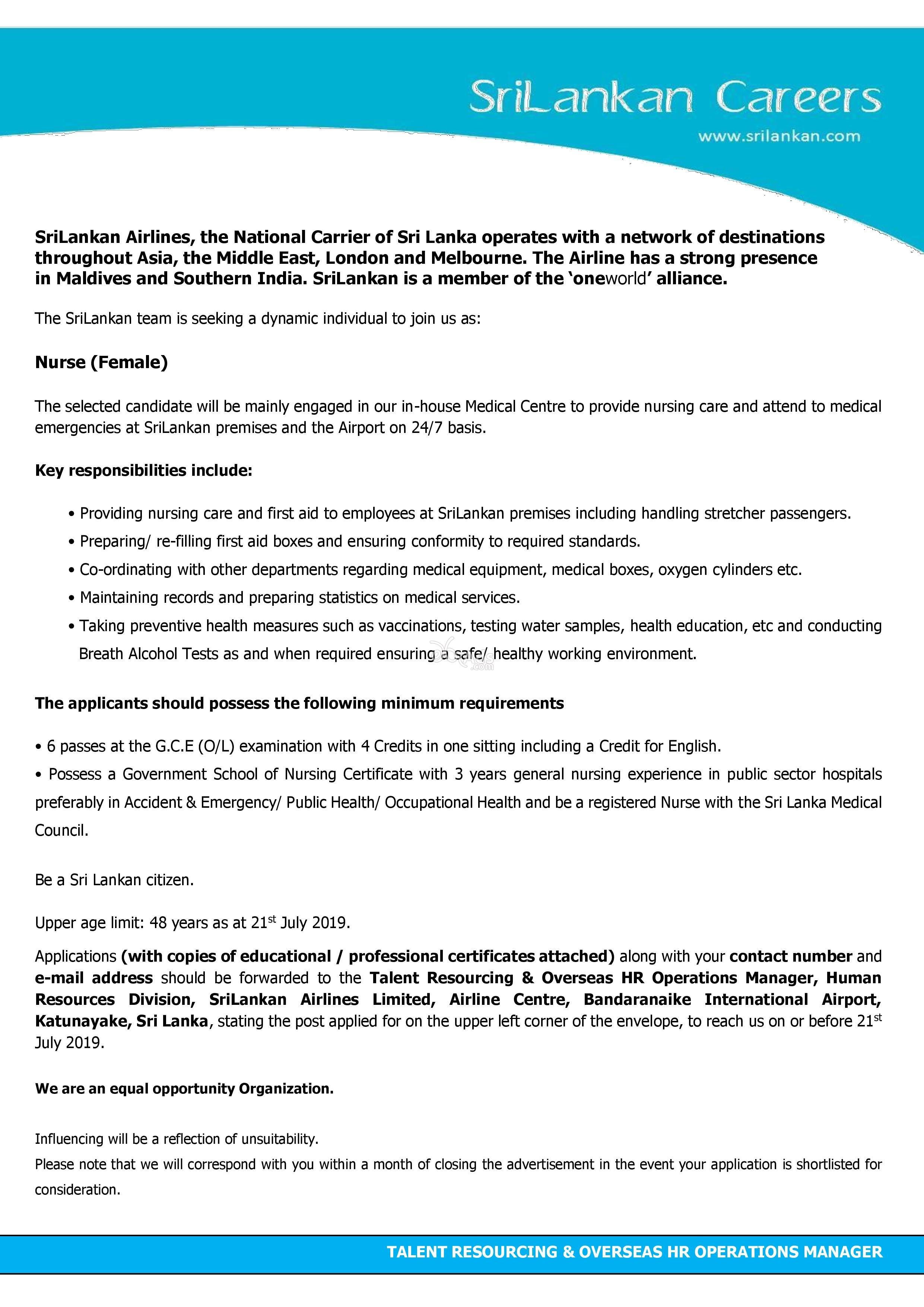 Nurse Government Vacancy at Sri Lankan Airlines