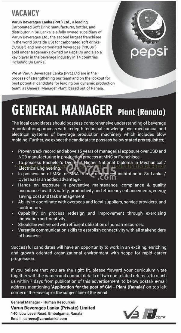 General Manager Vacancy at Varun Beverages Lanka (Pvt) Ltd - Pepsi