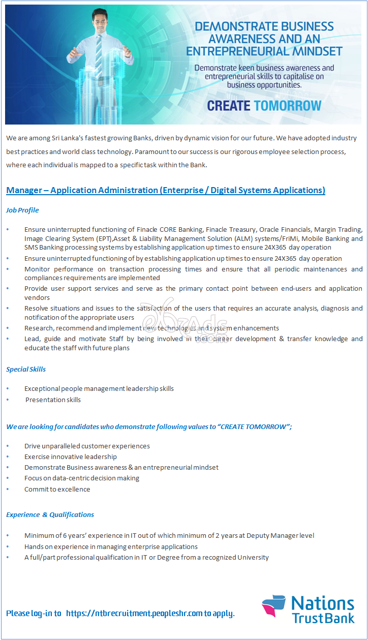 Manager - Application Administration Vacancy at Nations Trust Bank - NTB