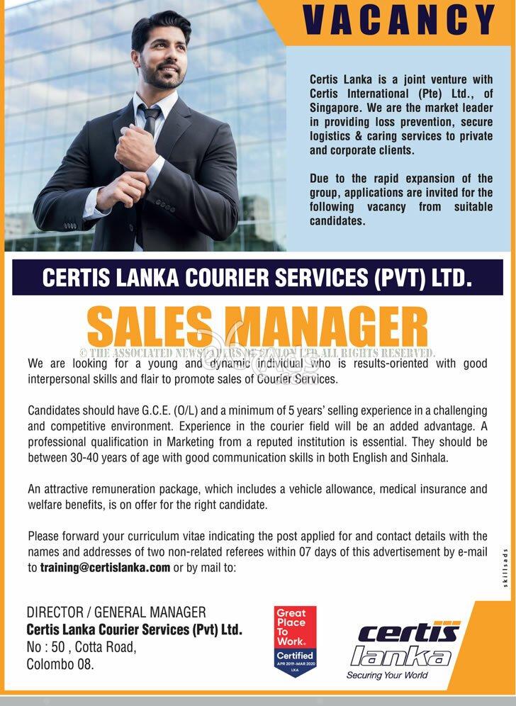 Sales Manager Vacancy at Certis Lanka Courier Services (pvt) Ltd