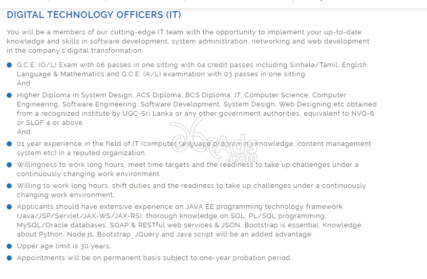 Digital Technology Officer (IT) Government Vacancy at Sri Lanka Telecom PLC