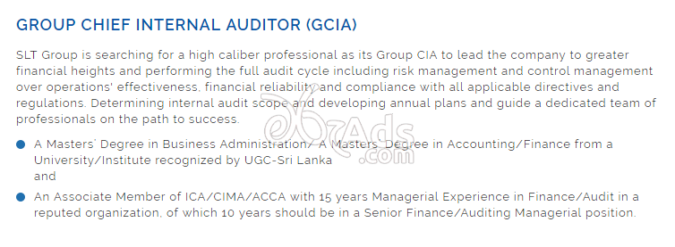 Group Chief Internal Auditor (GCIA) Government Vacancy at Sri Lanka Telecom PLC