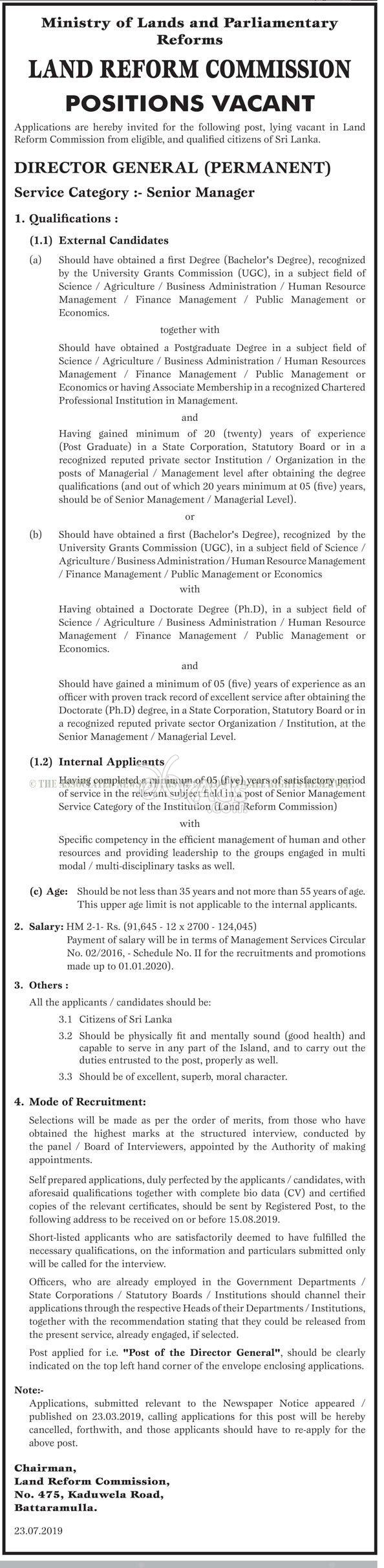 Director General Government Vacancy at Land Reform Commission