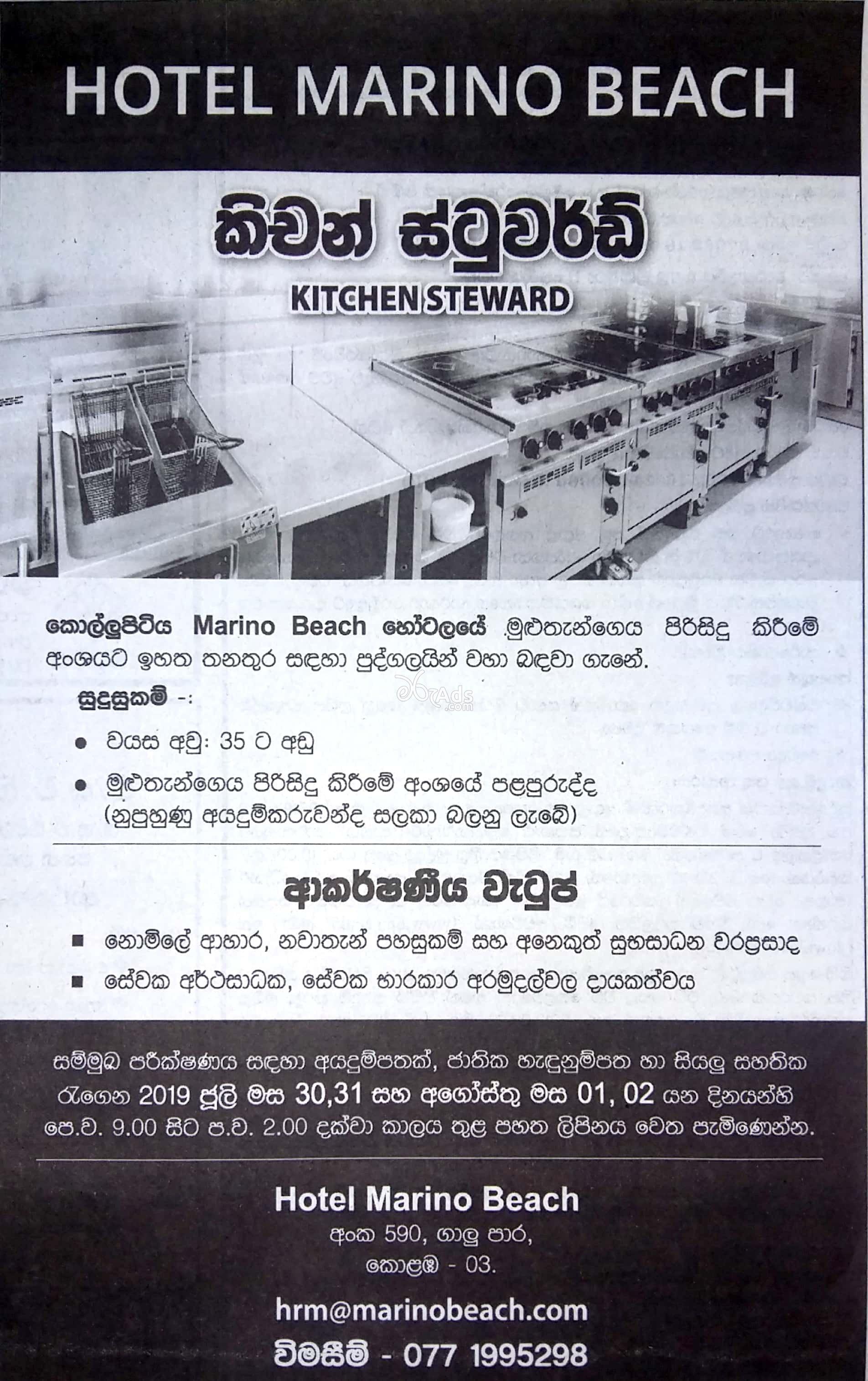Kitchen Steward Vacancies at Hotel Marino Beach