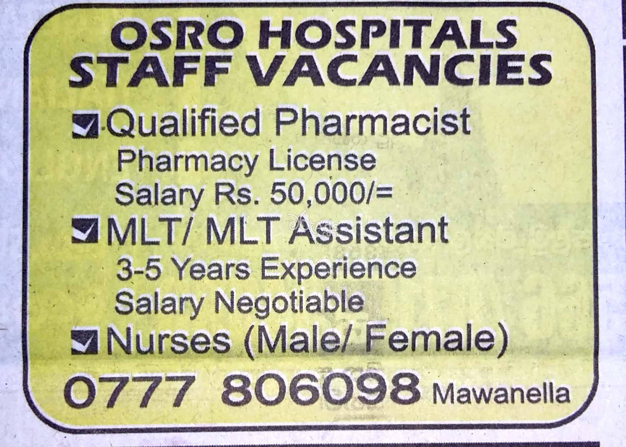 Pharmacist, MLT / MLT Assistant, Nurse Vacancies at Osro Hospitals
