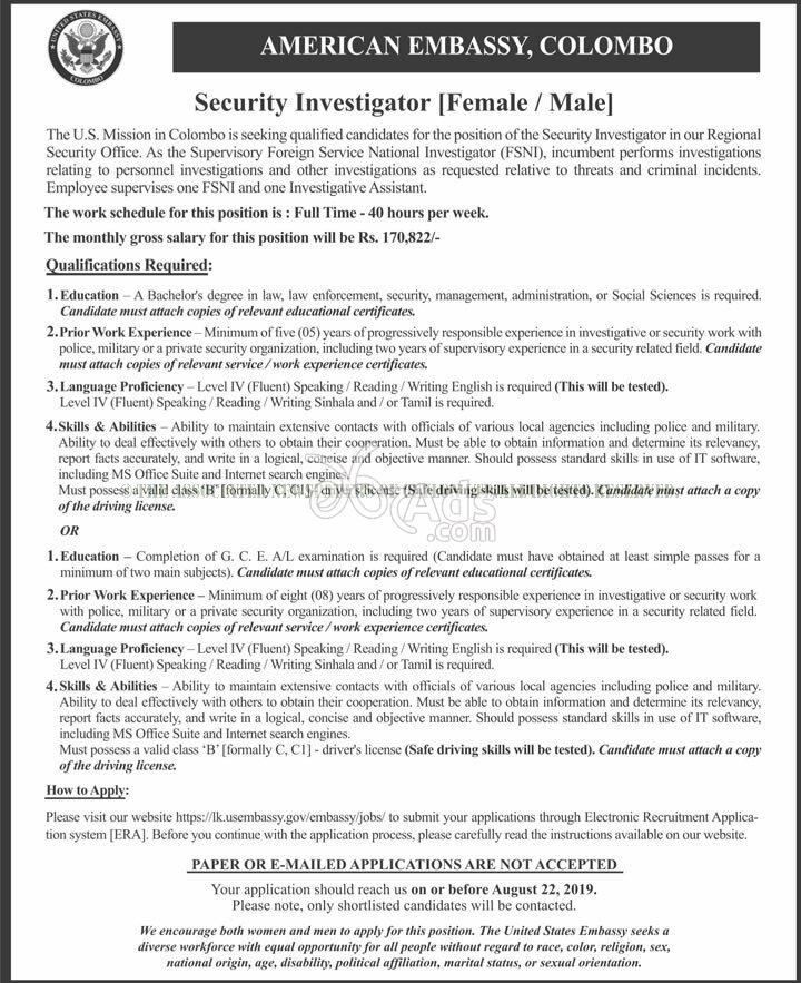 Security Investigation Government Vacancy at American Embassy - US Embassy