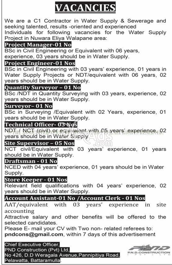 Project Manager, Engineer, QS, Technical Officer, Supervisor, Draftsman, Store Keeper Vacancies at PND Construction (Pvt) Ltd